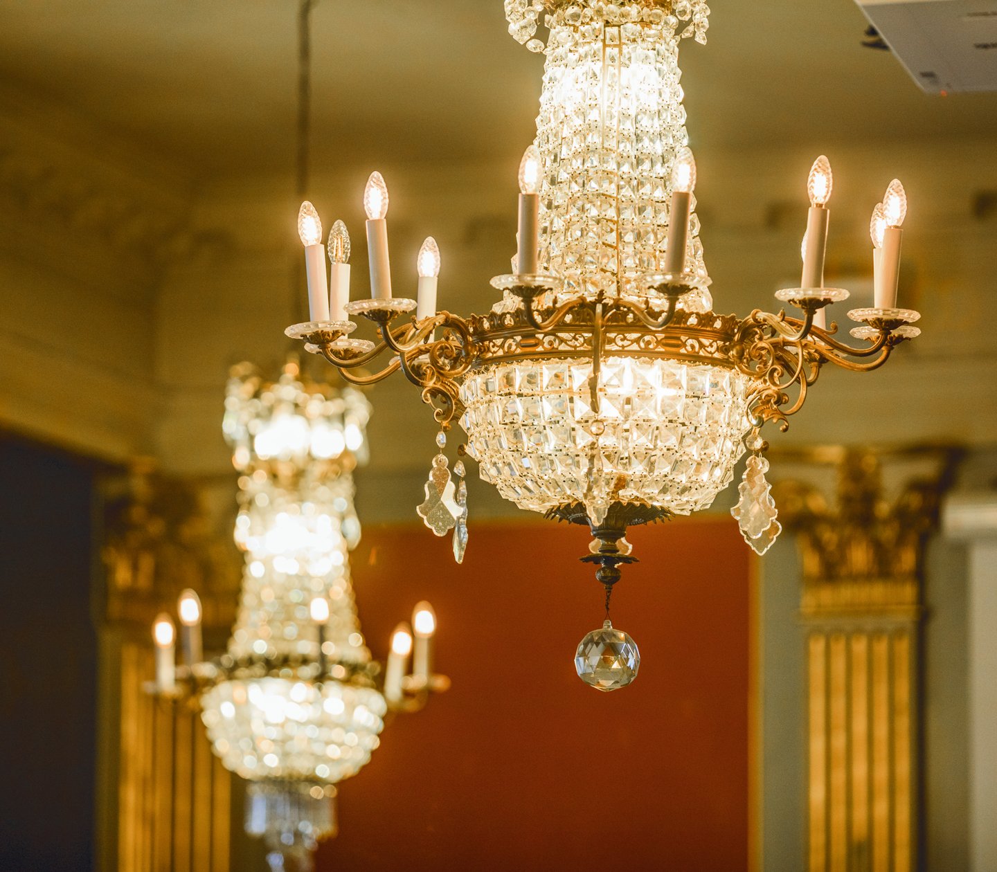 Grand hall with crystal chandeliers