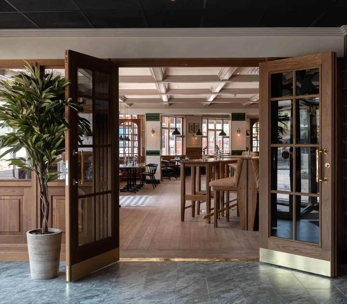 Wooden doors opened into the restaurant