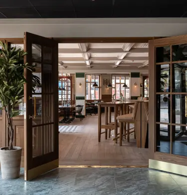 Wooden doors opened into the restaurant