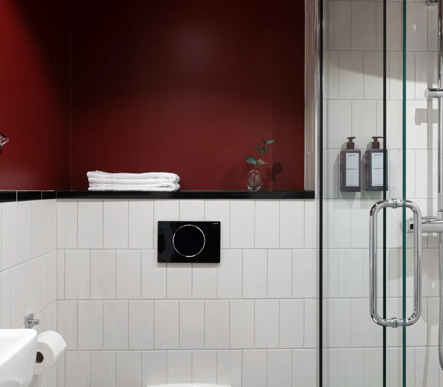 Red bathroom with shower