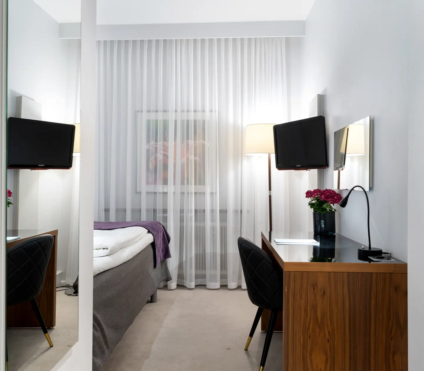 Hotel room with single bed, desk and TV