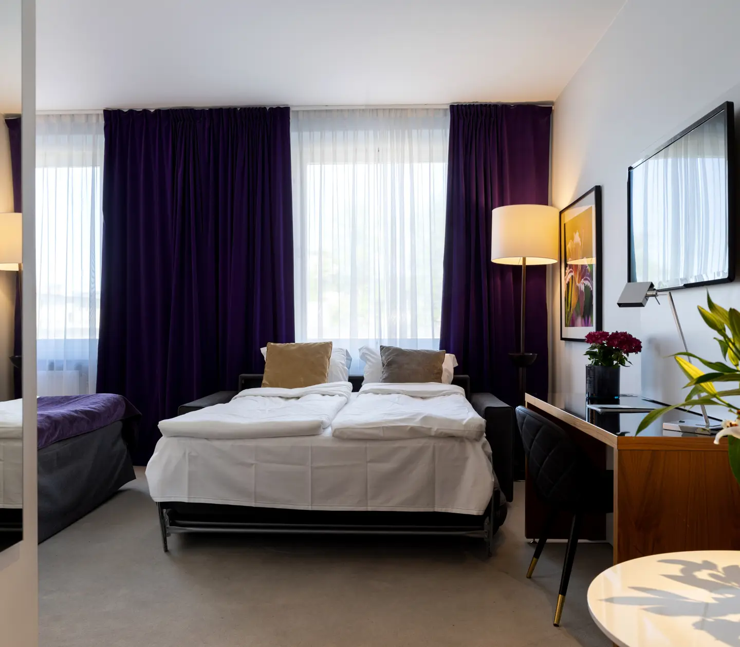 Hotel room with sofa bed, desk and TV