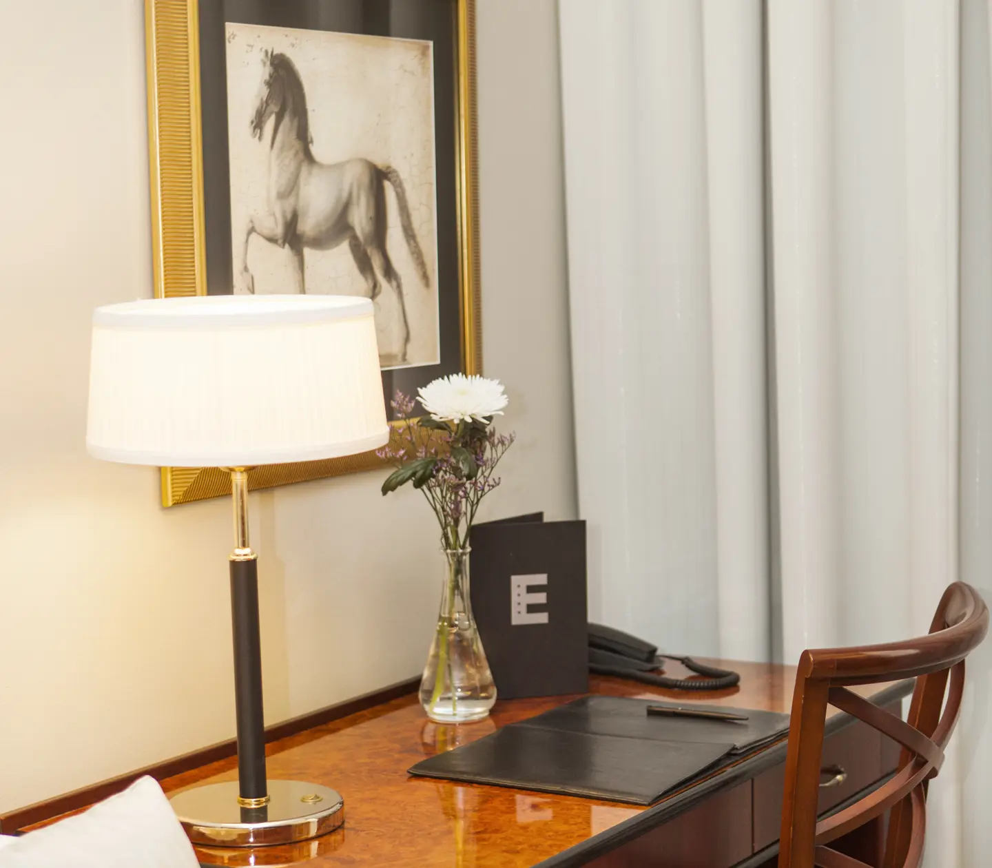 Desk, chair and table lamp
