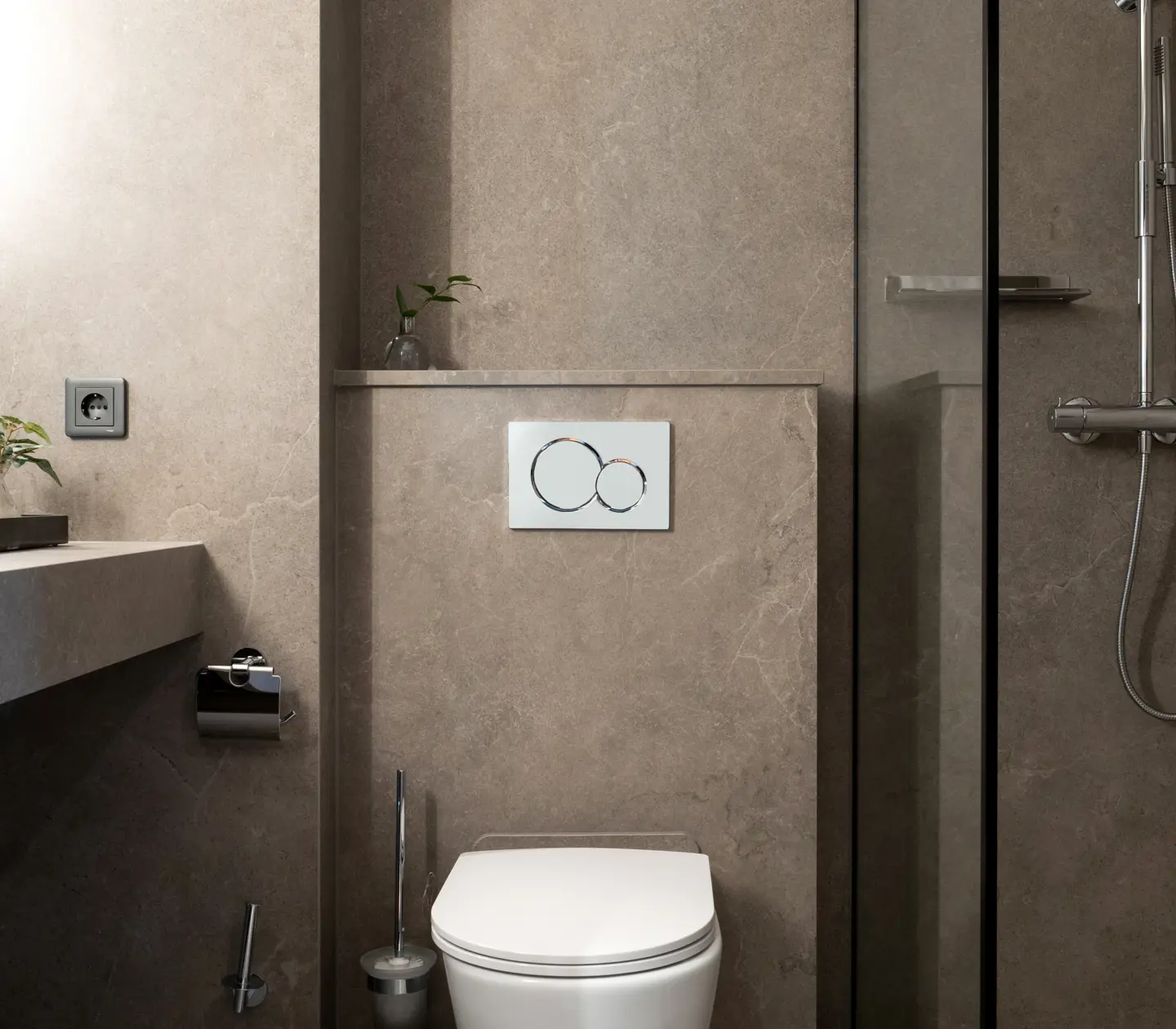 Beige-brown bathroom with toilet, shower and plants