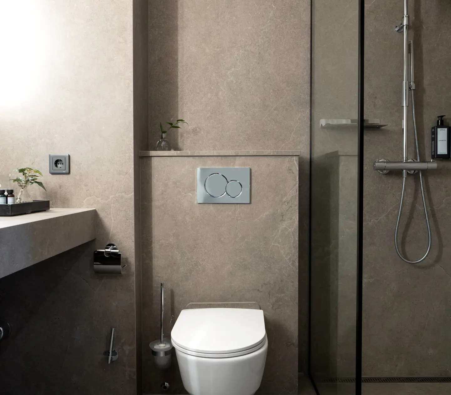 Beige-brown bathroom with toilet, sink and shower