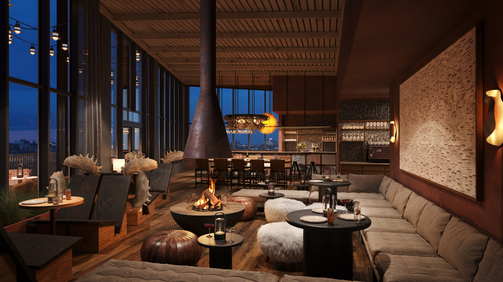  Cozy bar with a fireplace and plenty of seating.