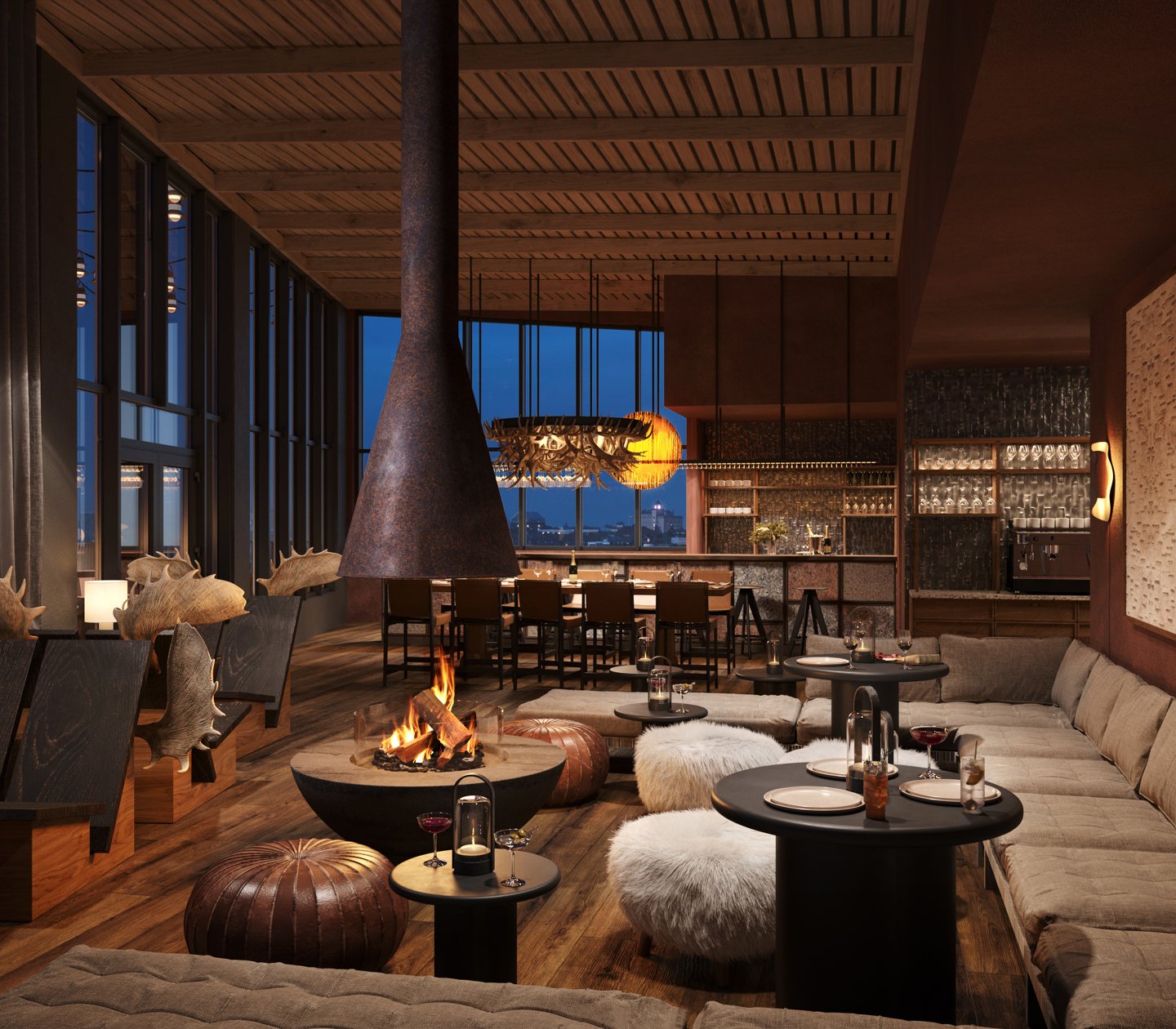  Cozy bar with a fireplace and plenty of seating.