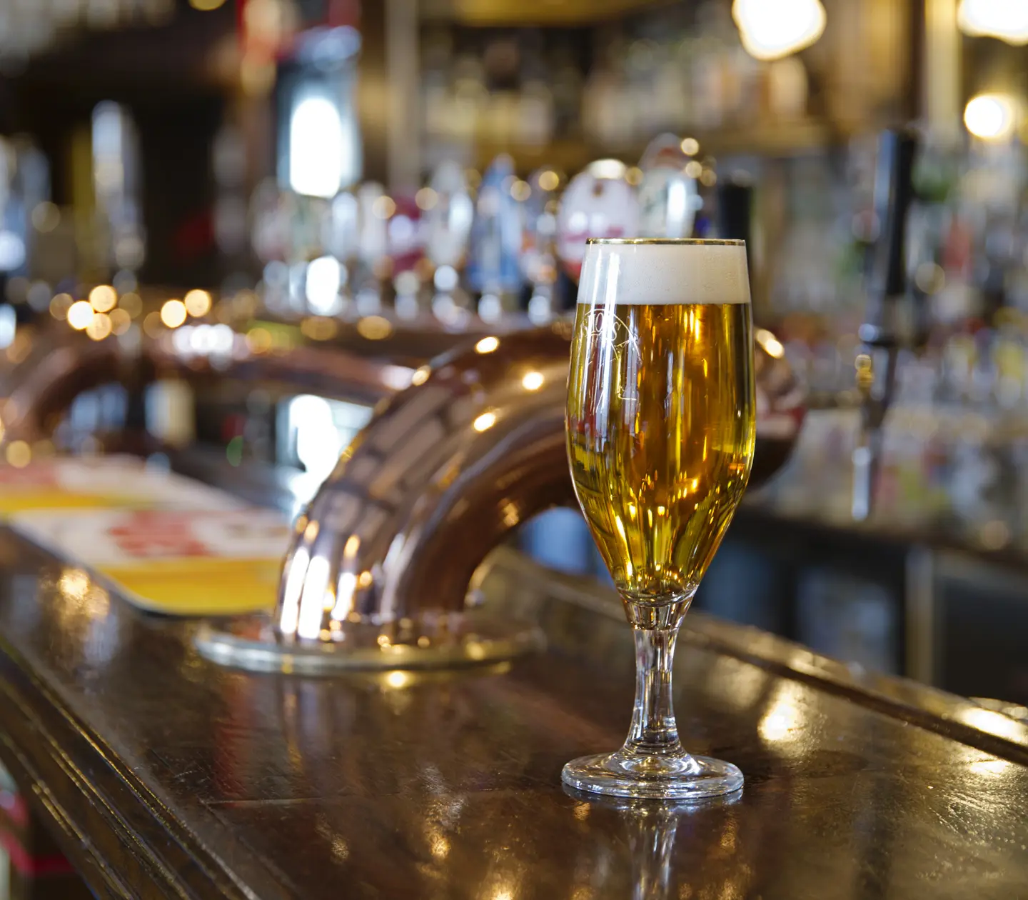 Beer glasses filled in bar counter