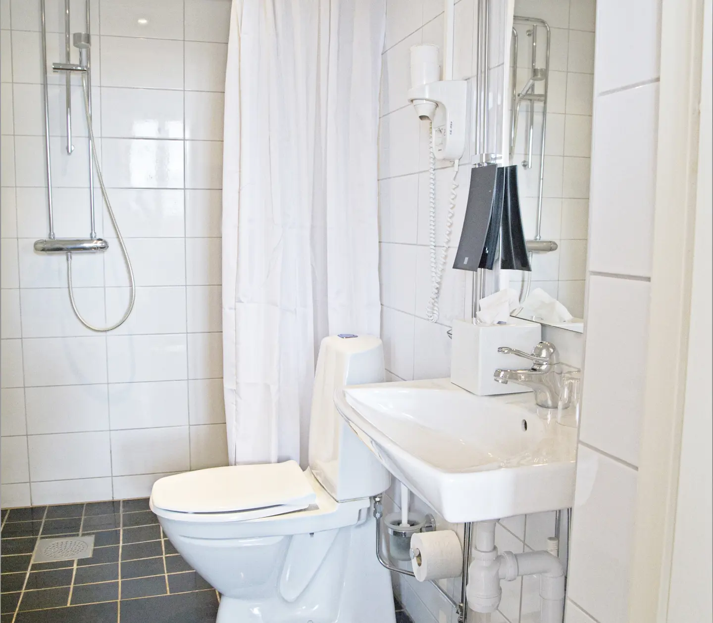 Bright bathroom with shower, toilet and sink