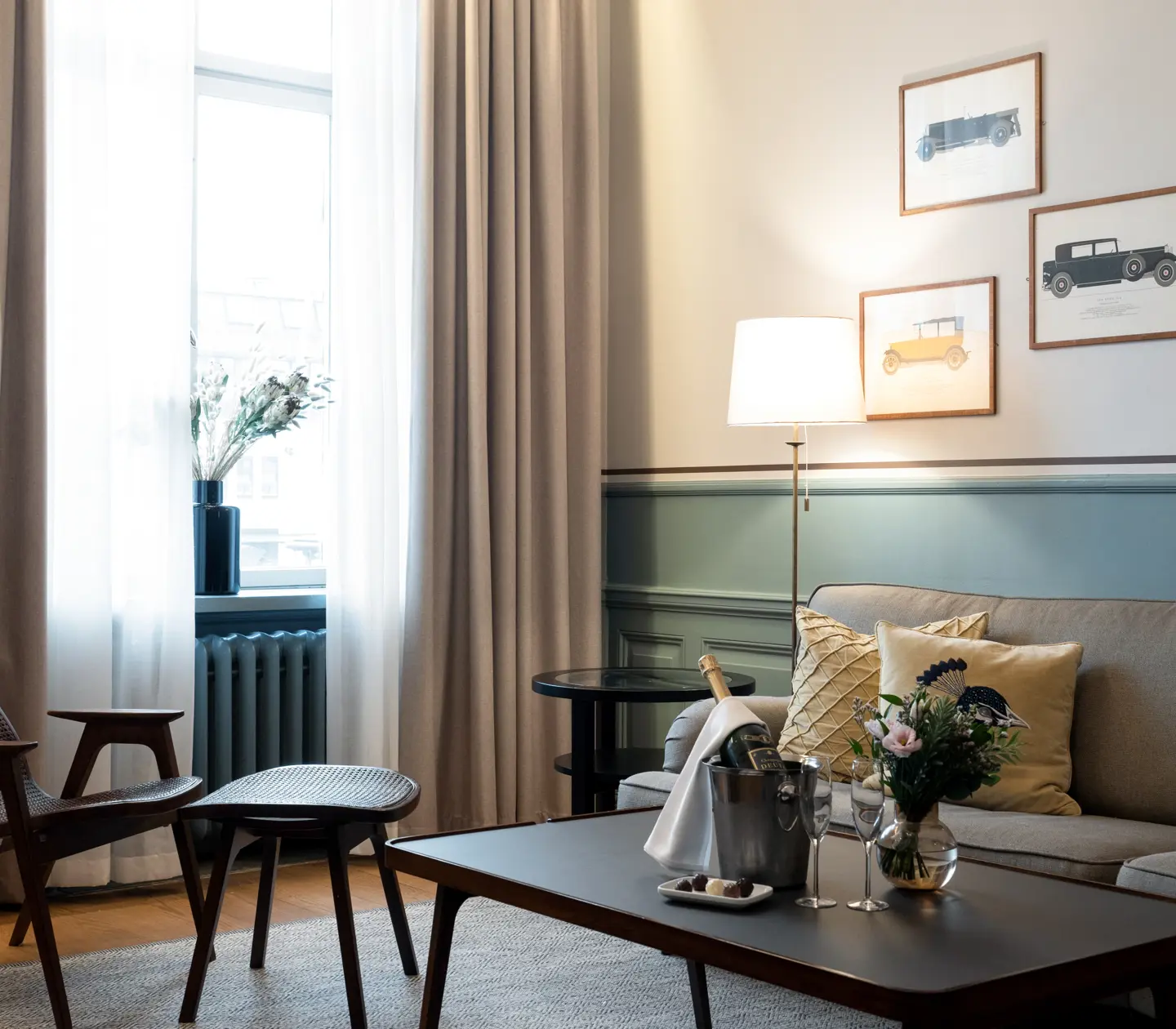 Suite with sofa group, vip on the table and window