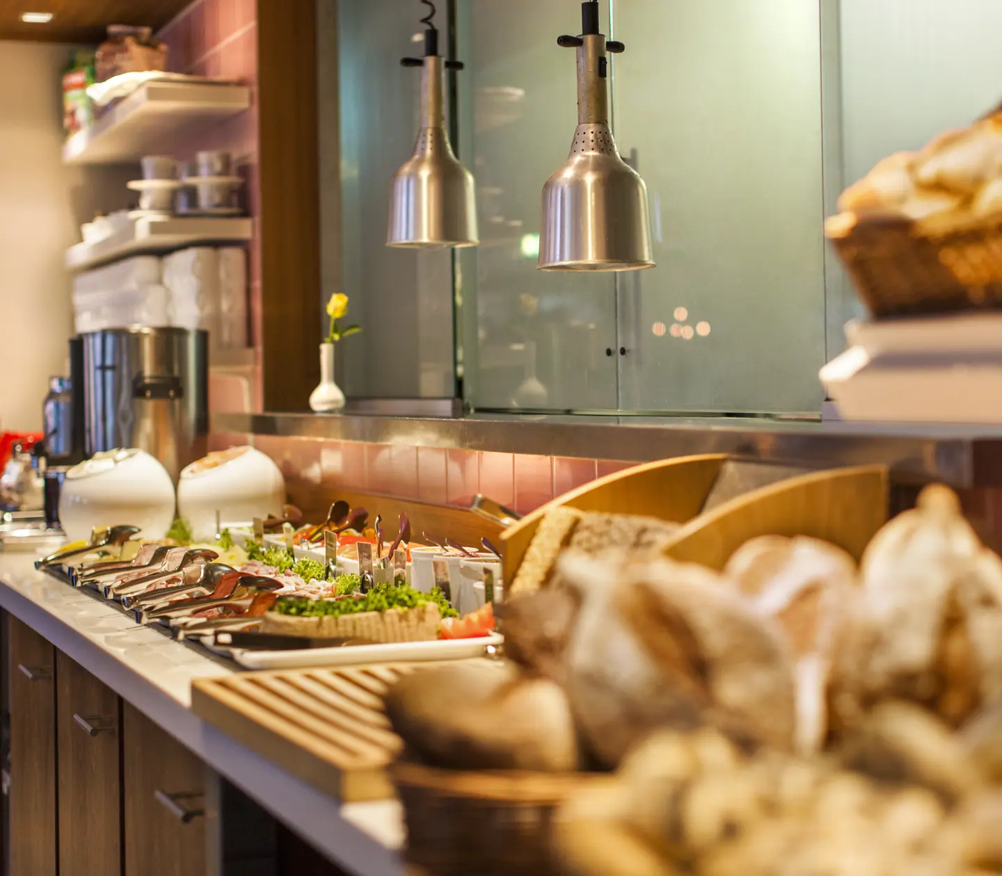 Breakfast buffet laid out on the table