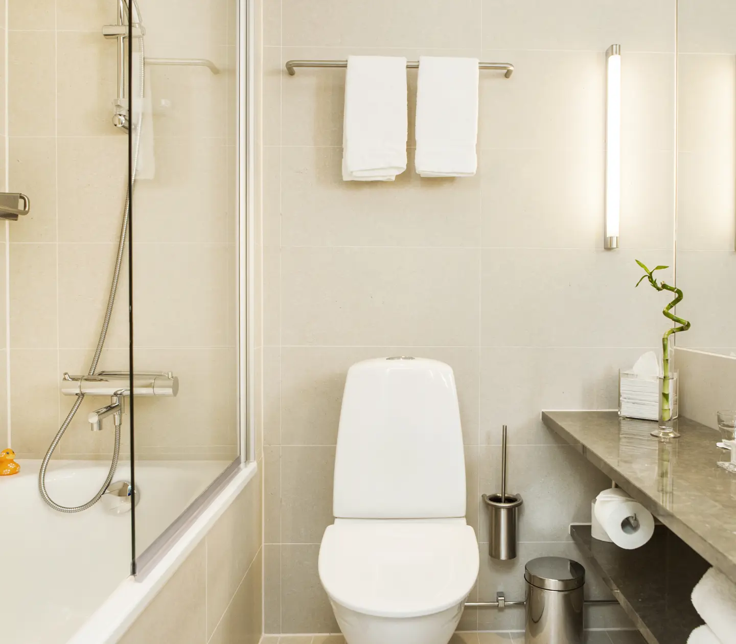 Bright bathroom with sink, toilet and bathtub