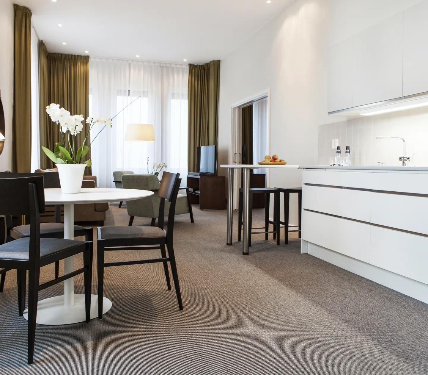 Bright suite with dining area, sofa area and kitchen bench