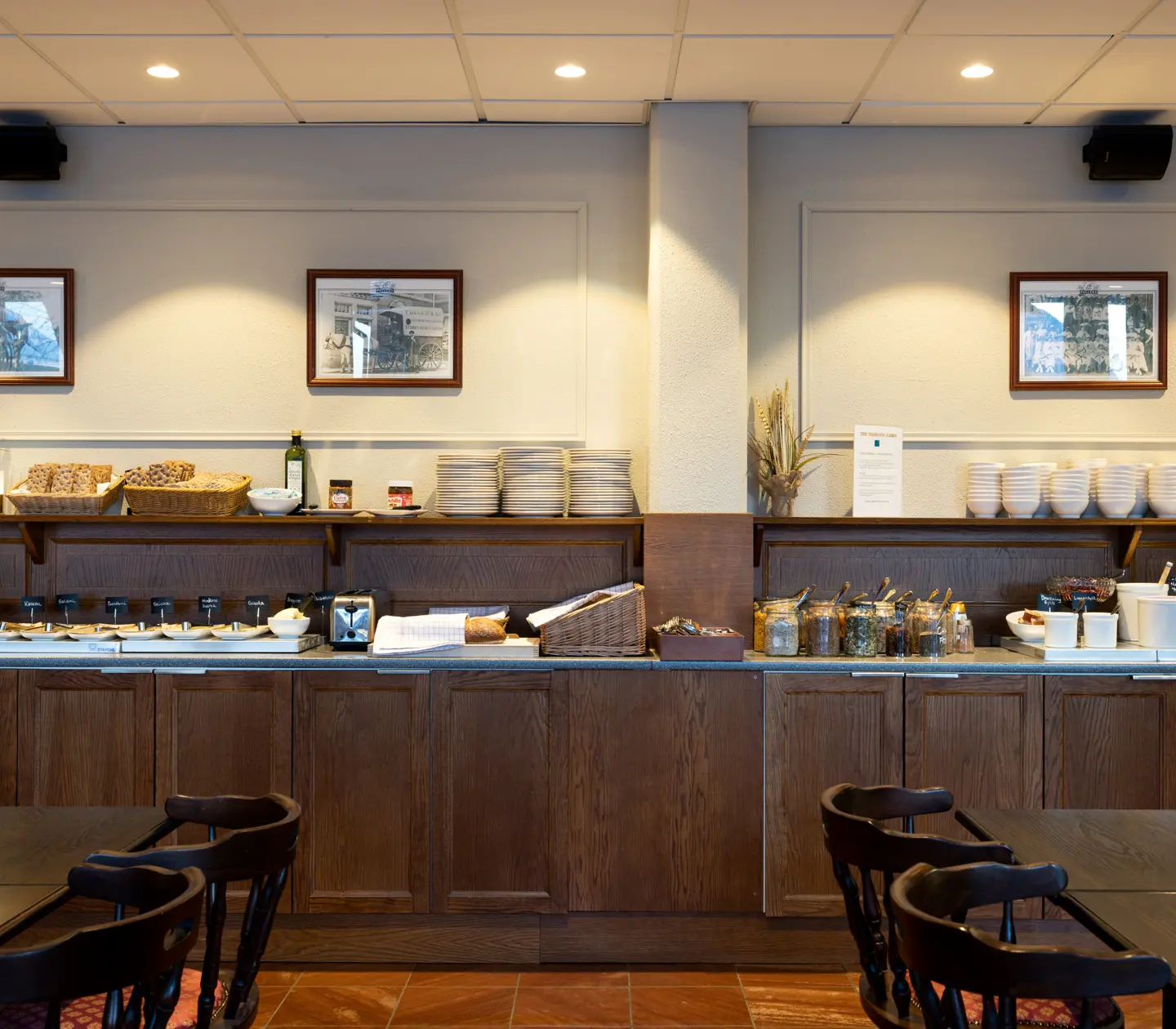 Breakfast buffet served along tables with food groups in front