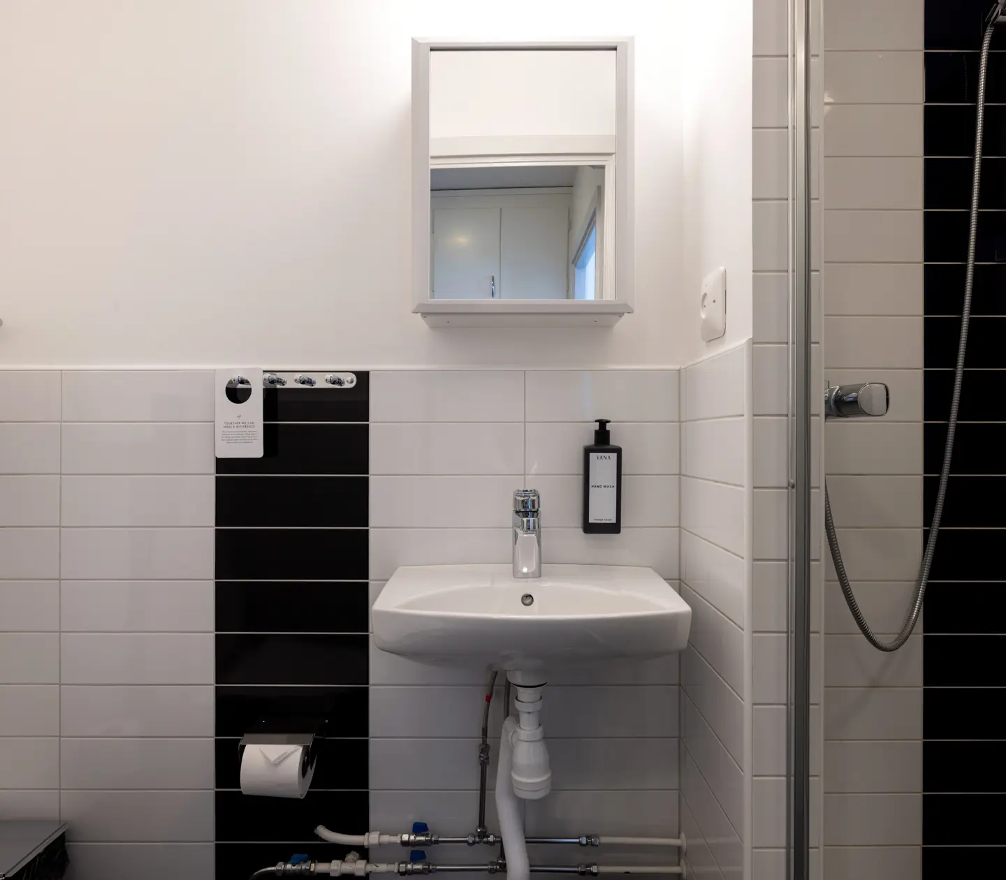 Black and white bathroom with shower, sink and mirror