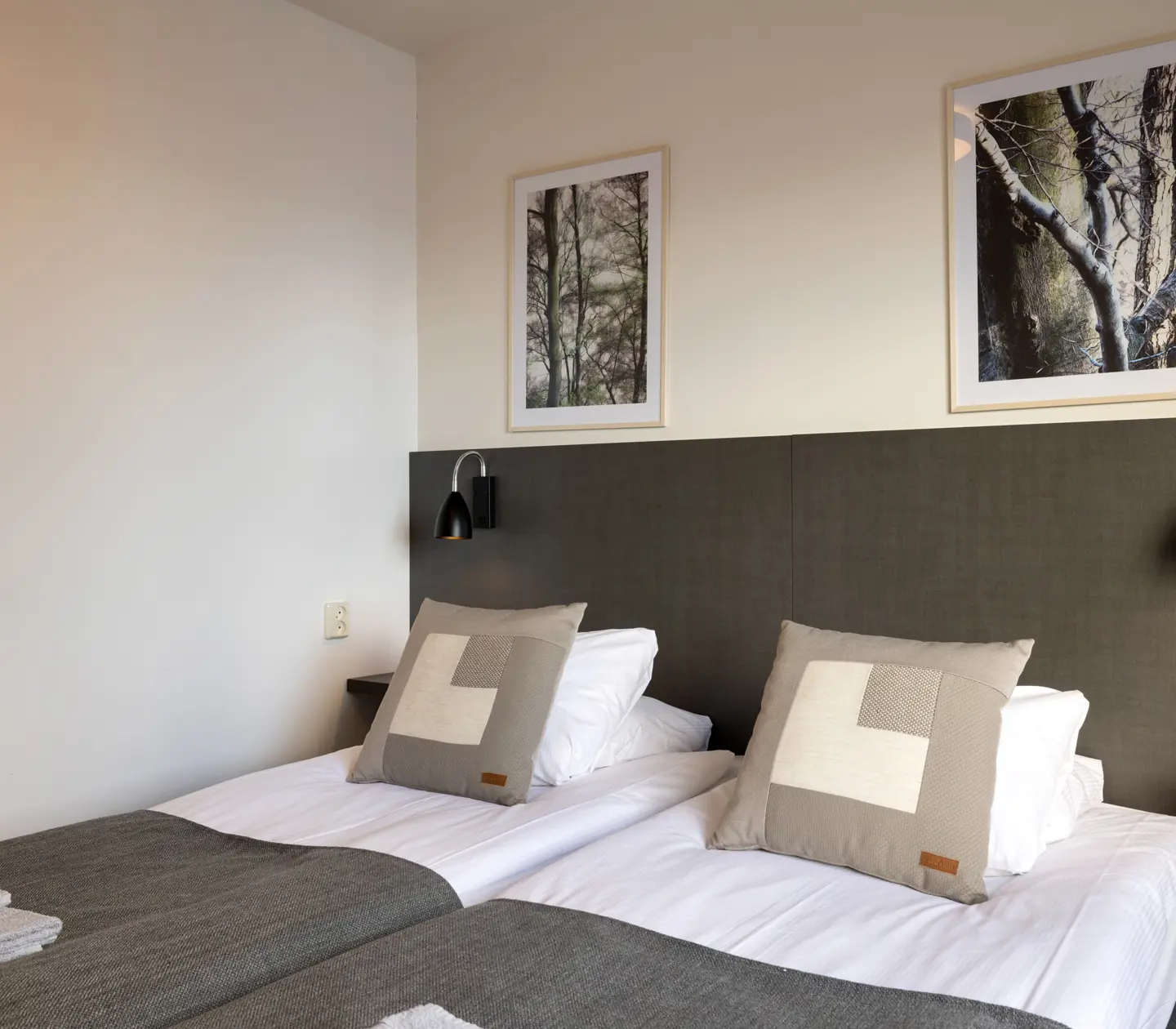 Hotel room with beds, black headboard and paintings