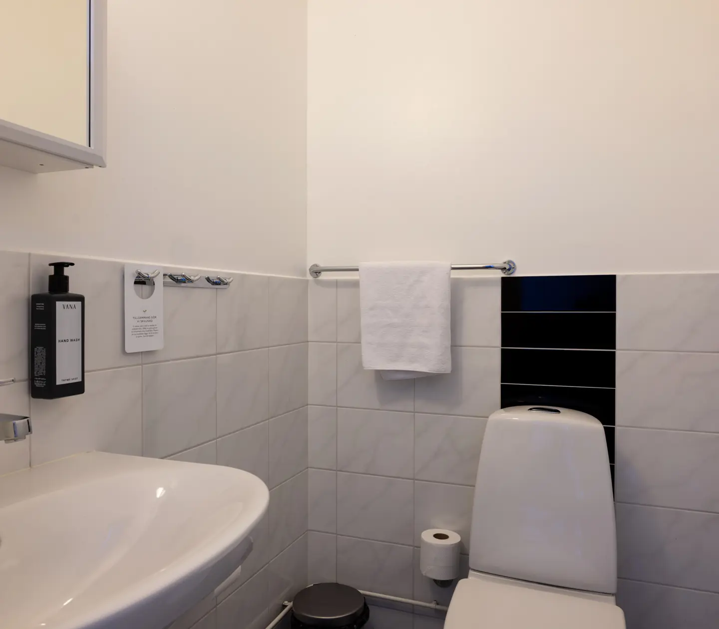 Bright bathroom with toilet, sink and towels