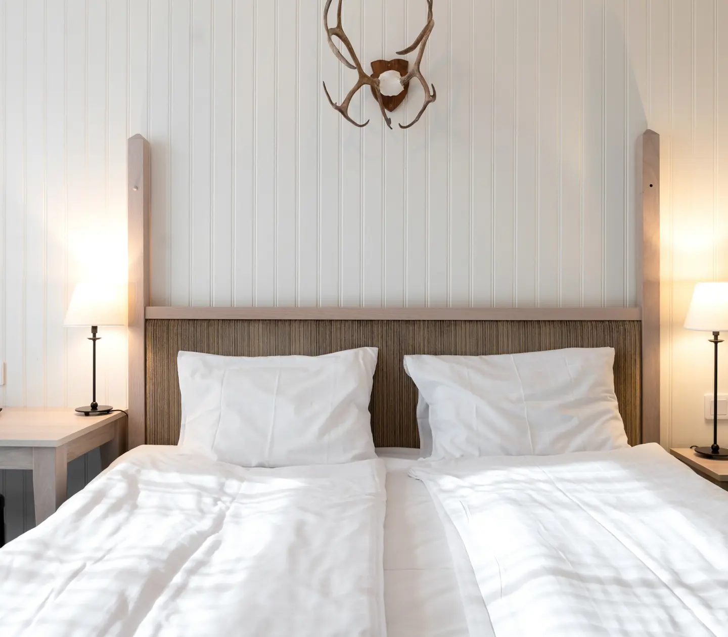 Cozy hotel room with bed, desk and animal horns on the wall