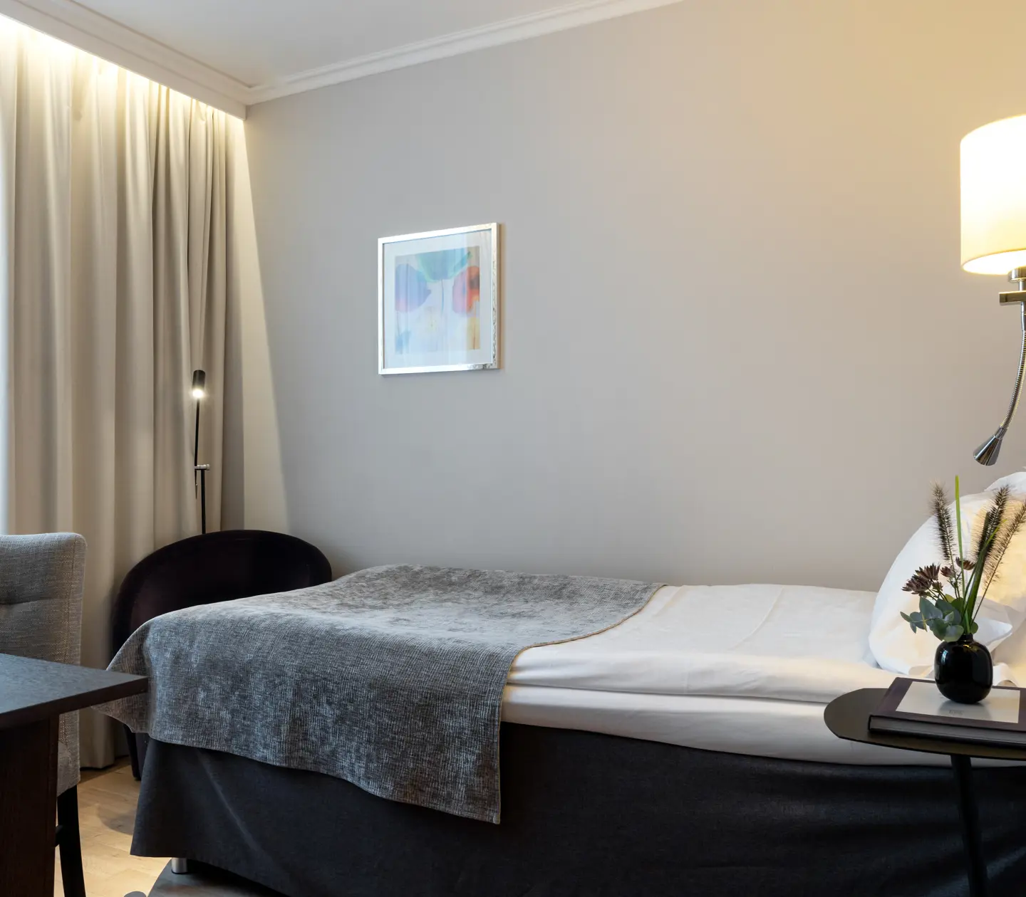 Hotel room with single bed and desk