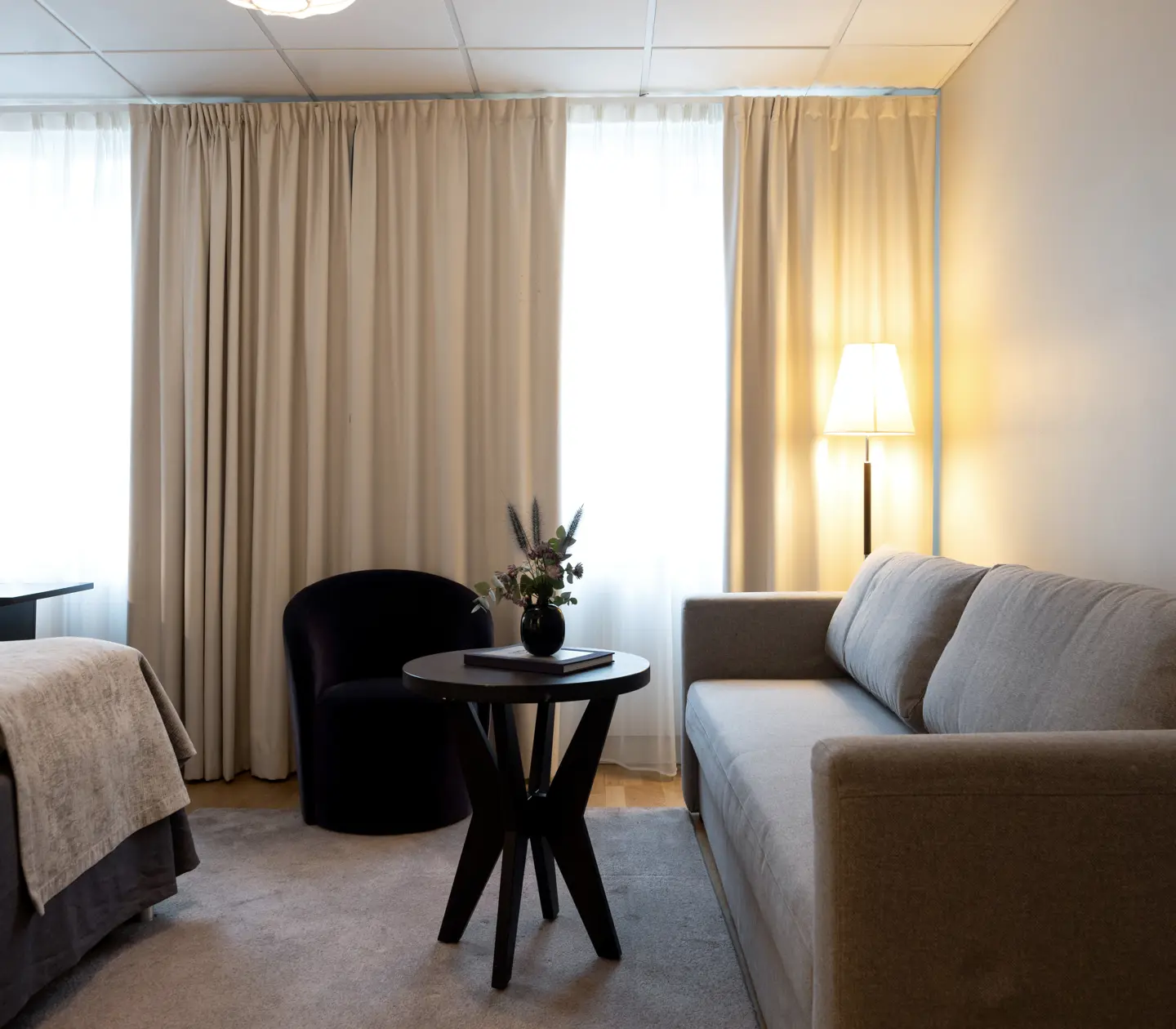 Beautiful room with sofa, bed and armchair