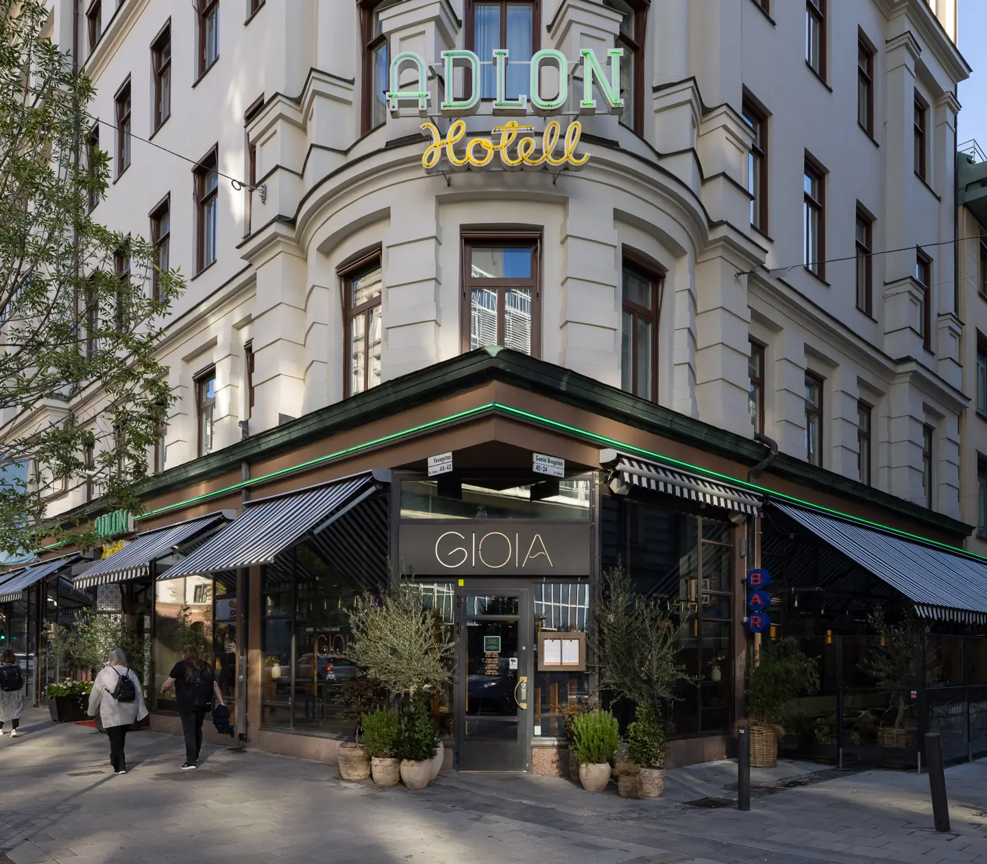 The front of Elite Hotel Adlon and the entrance to restaurant Goiga
