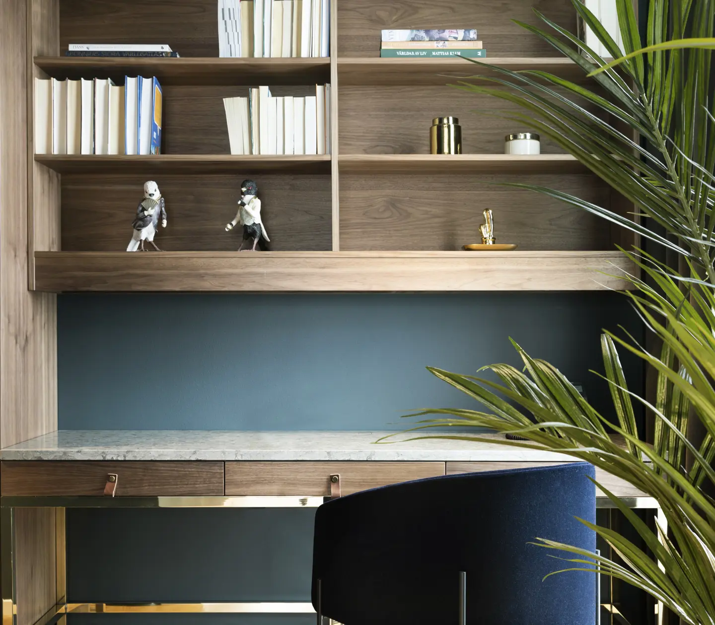 Cozy suite with bookshelf, desk and plant