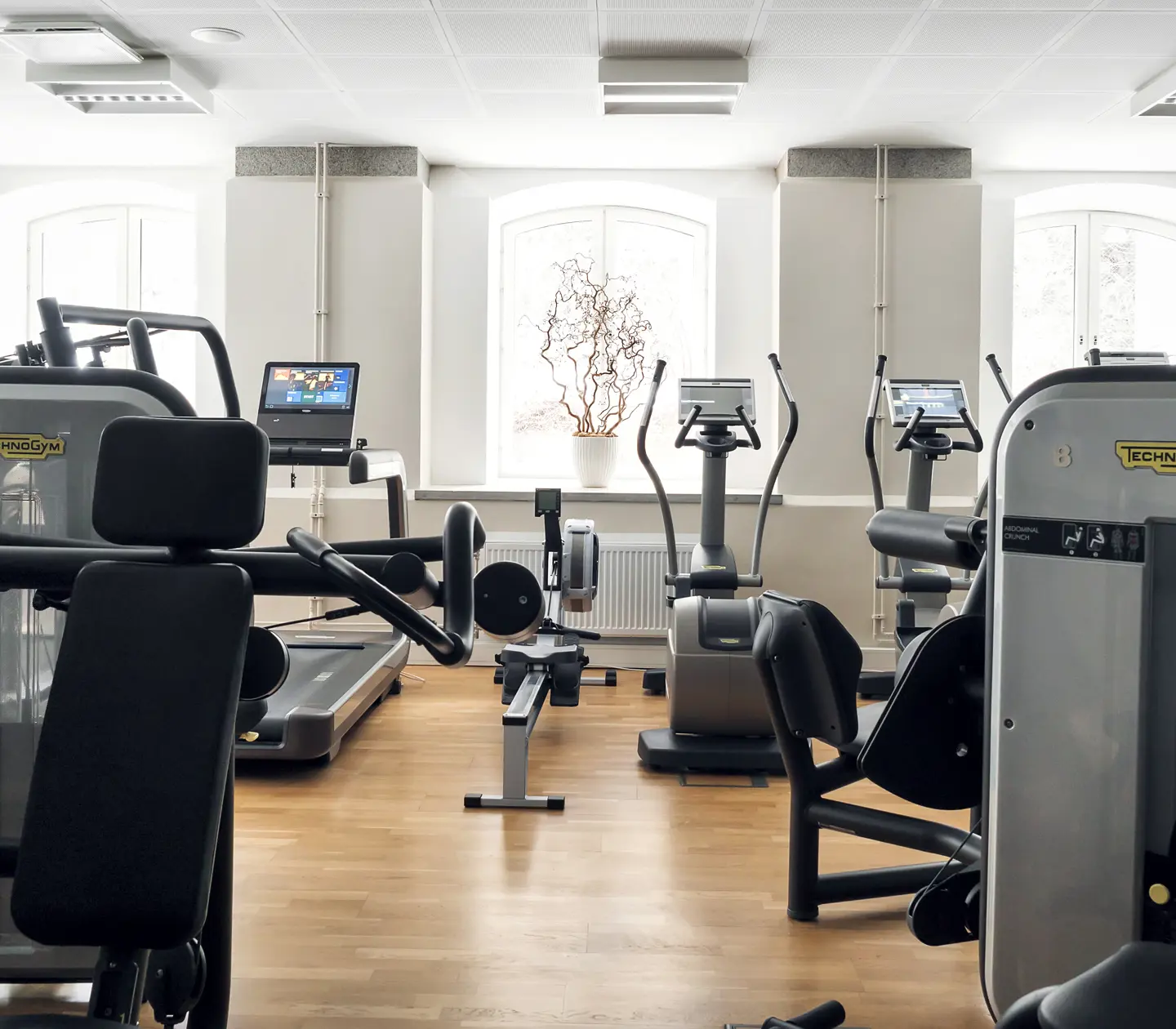 Gym environment with exercise machines, dumbbells and large windows