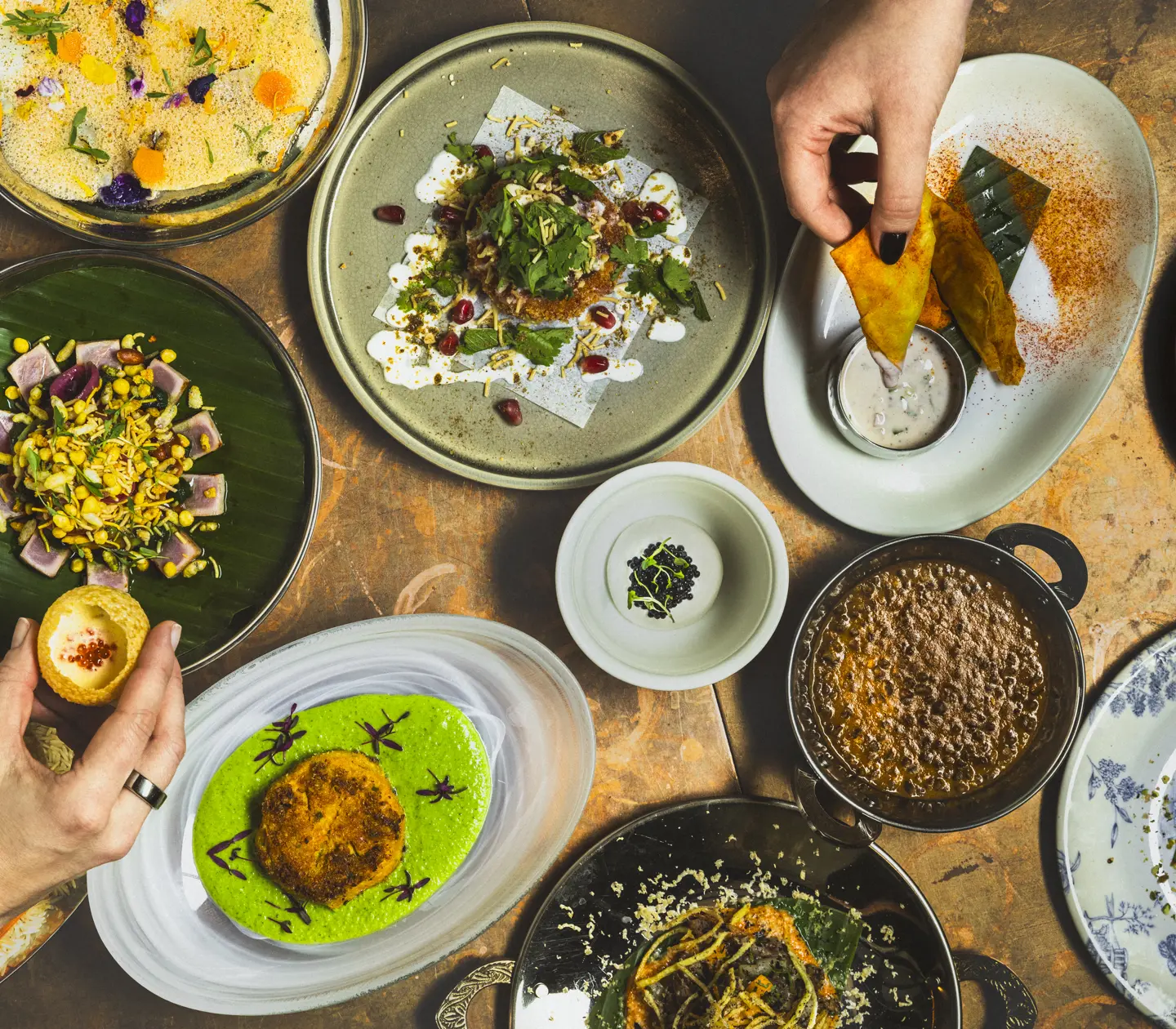 Indian food from the restaurant Indias in Stockholm photographed from above.