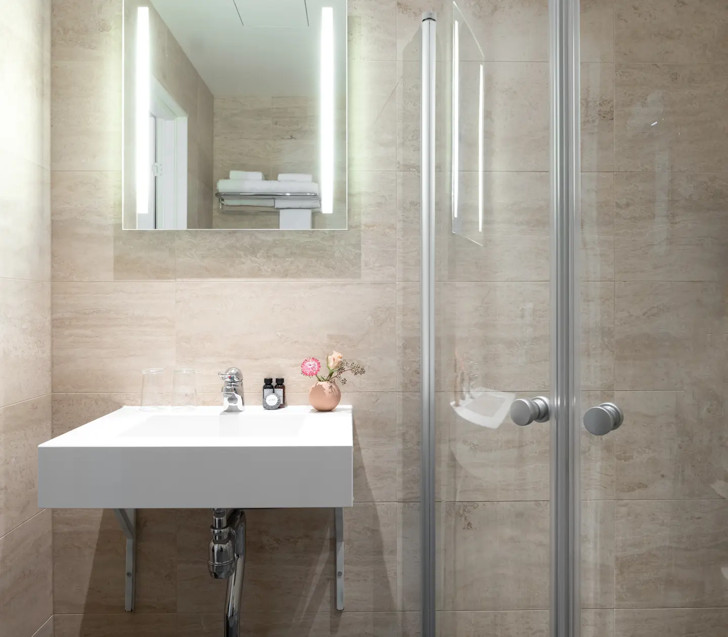Sink and cabin shower in bathroom