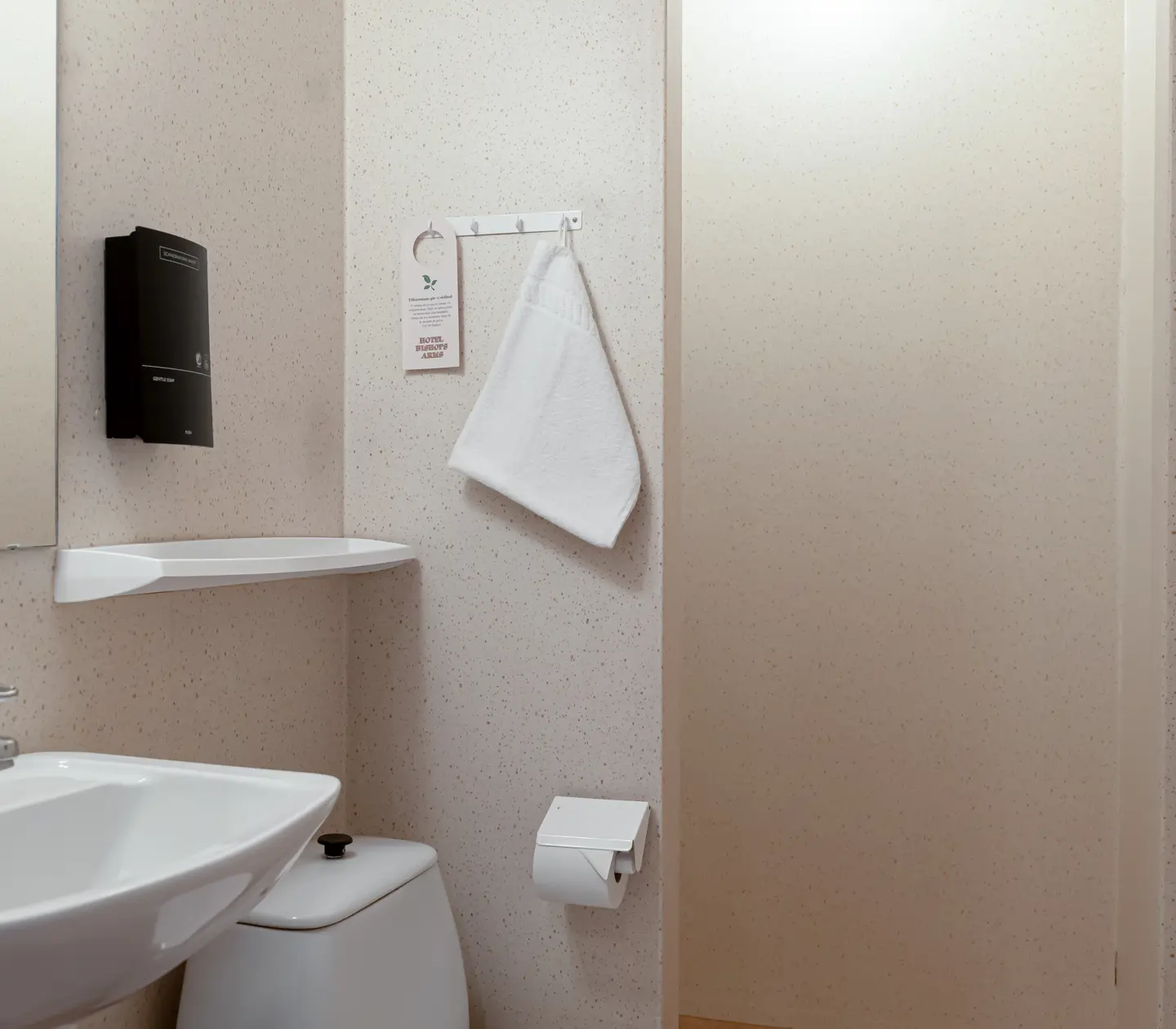 Bright bathroom with toilet, sink and mirror