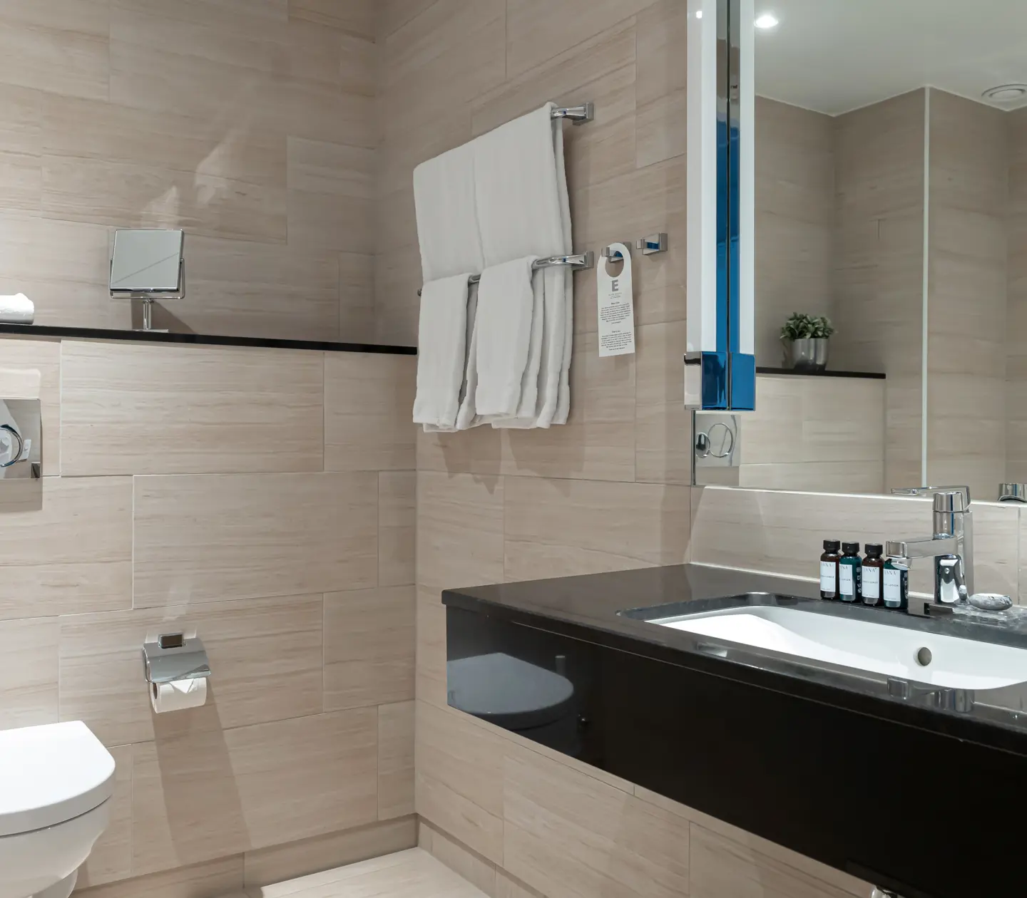 Beige bathroom with toilet, black sink and mirror