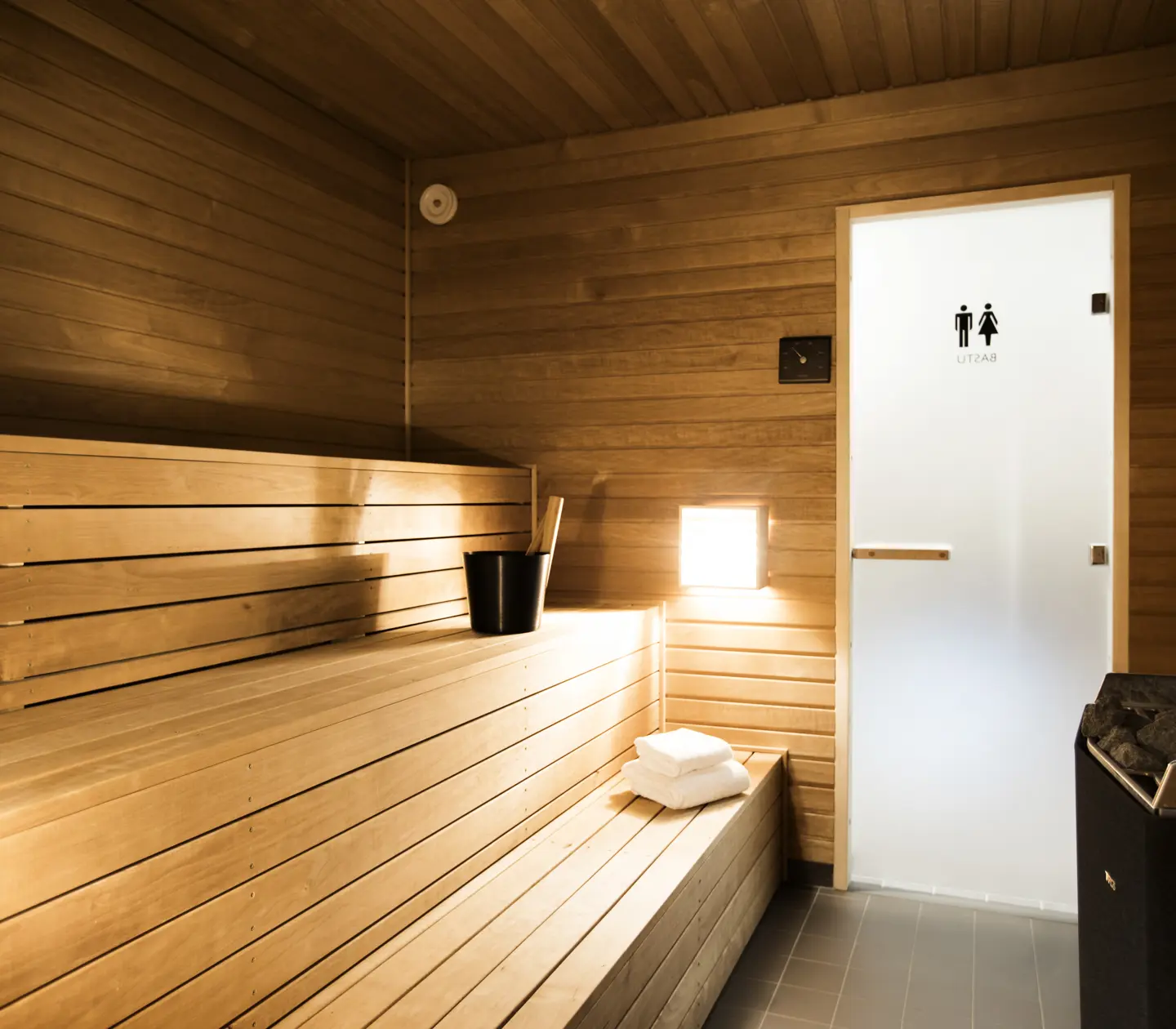 Sauna with bucket, towels and sauna unit