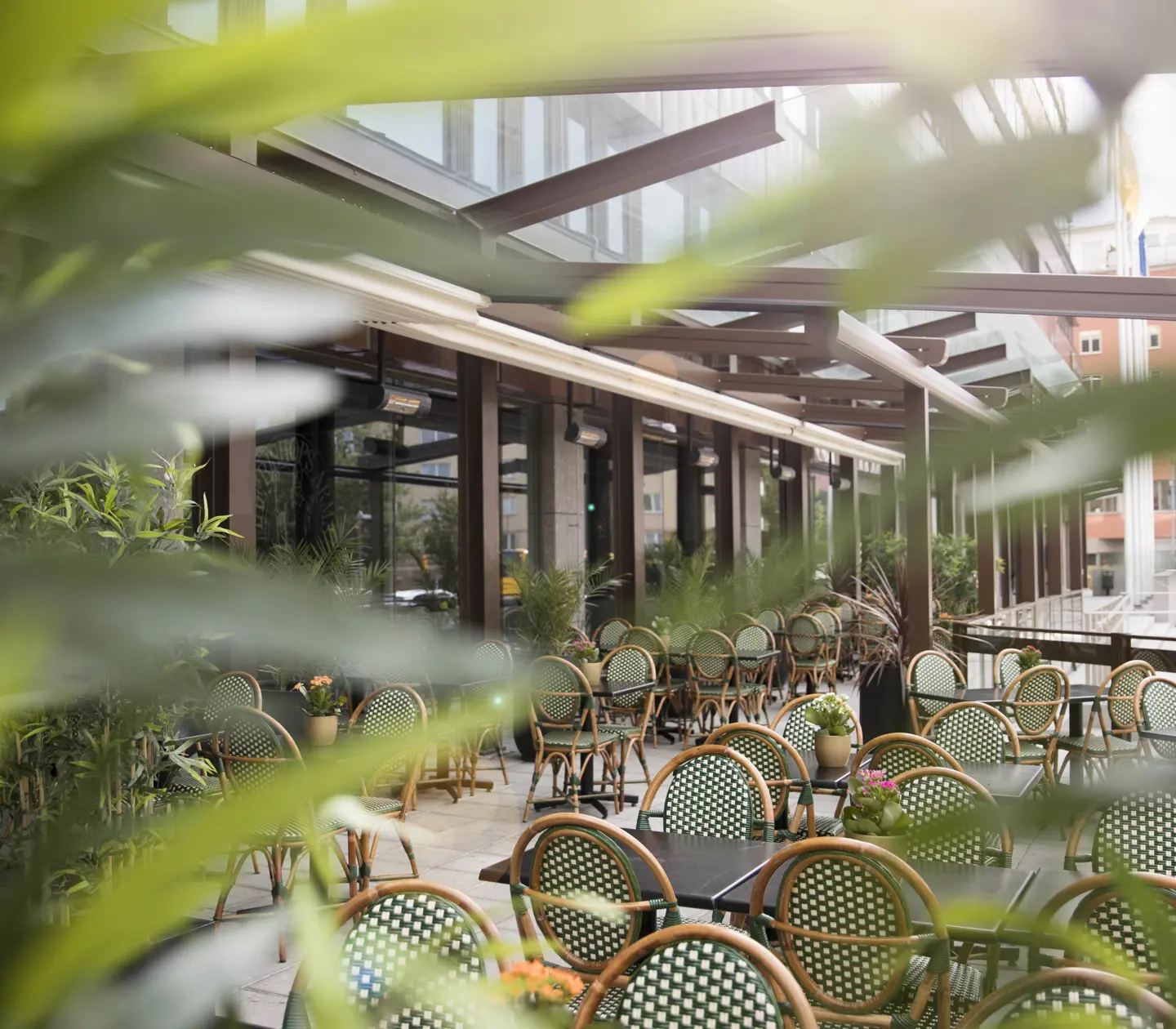 Outdoor seating with many tables, green and white chairs and plants