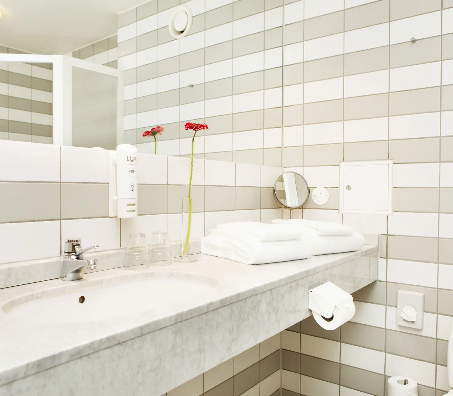 Bathroom with striped tiles, toilet and sink