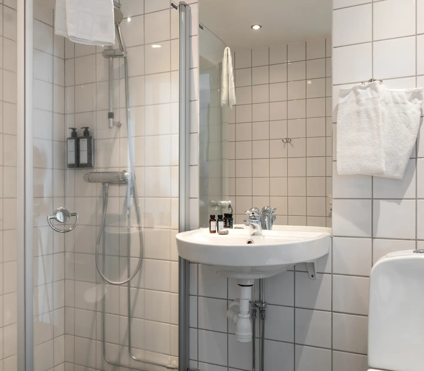 Bathroom with toilet, sink, shower and mirror