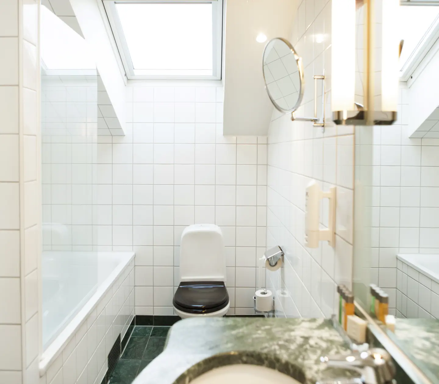 Bathroom with bathtub, toilet and skylight