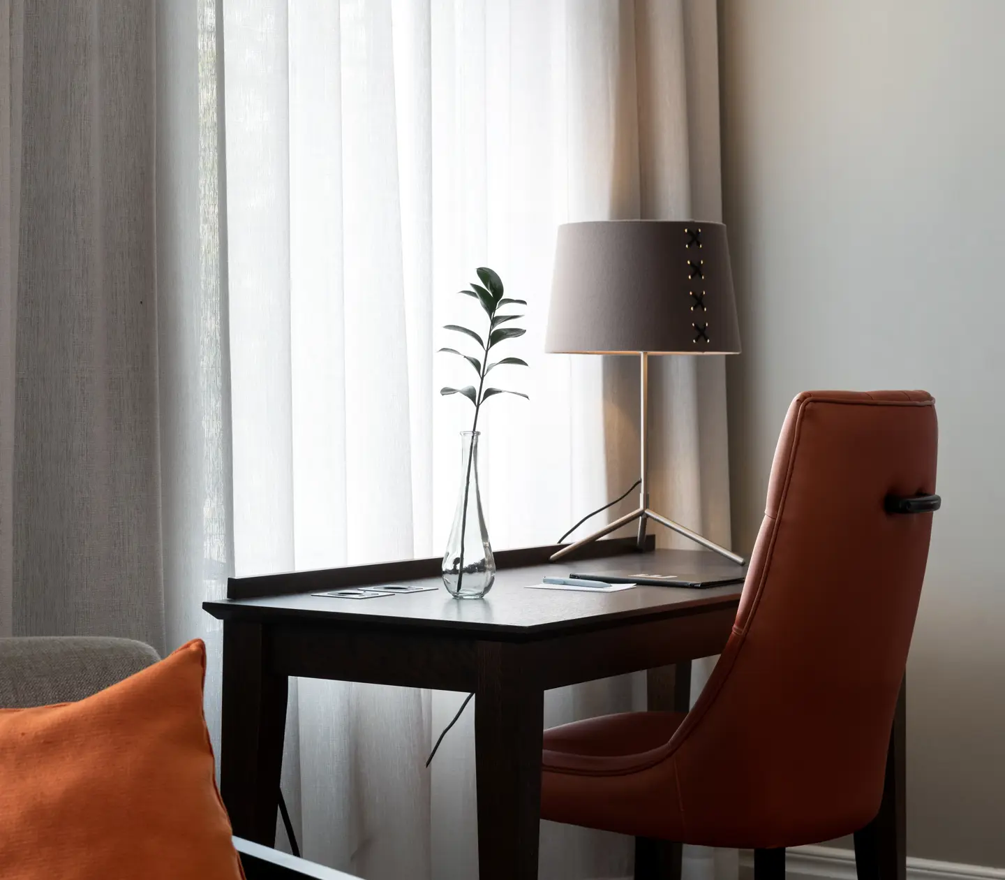 Hotel room with desk and window