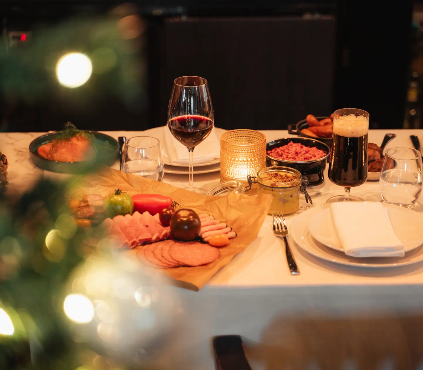 Restaurant table with christmas decorations