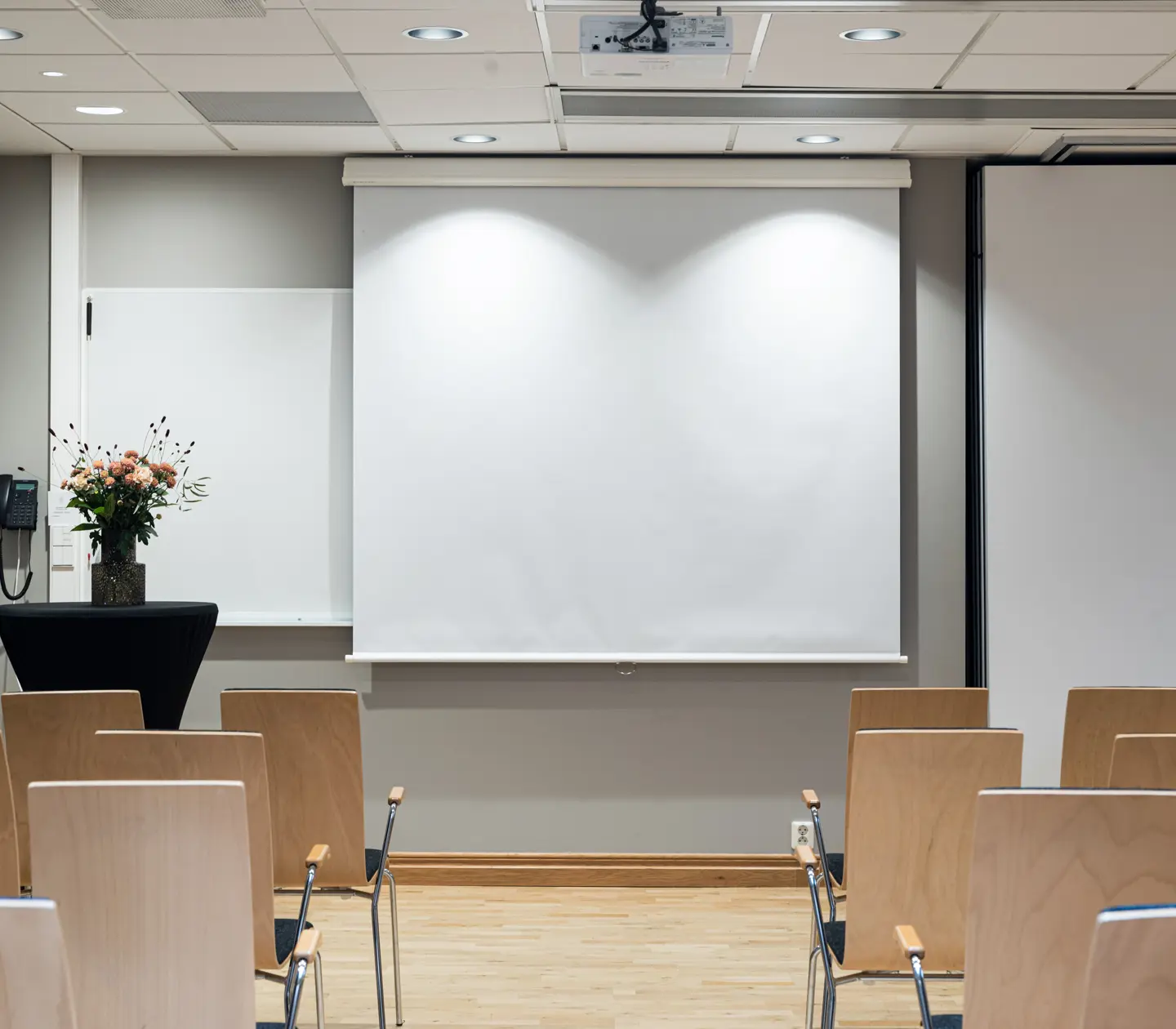 Konferensrum med projektorduk, stolsrader och en blomtävling på sidan.