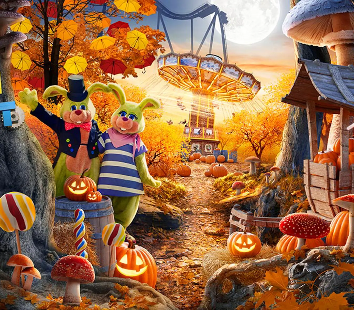 Two rabbit mascots are posing in front of the entrance to Rabbit Land at the amusement park, dressed in funny costumes with happy expressions