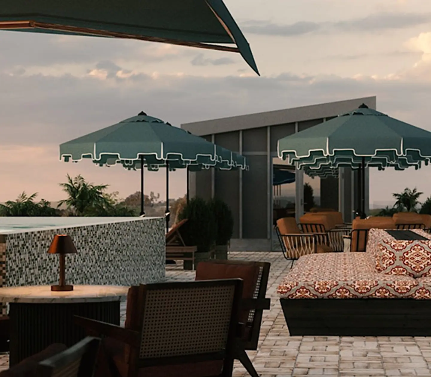 Loungemöbler och parasoller på taktopp