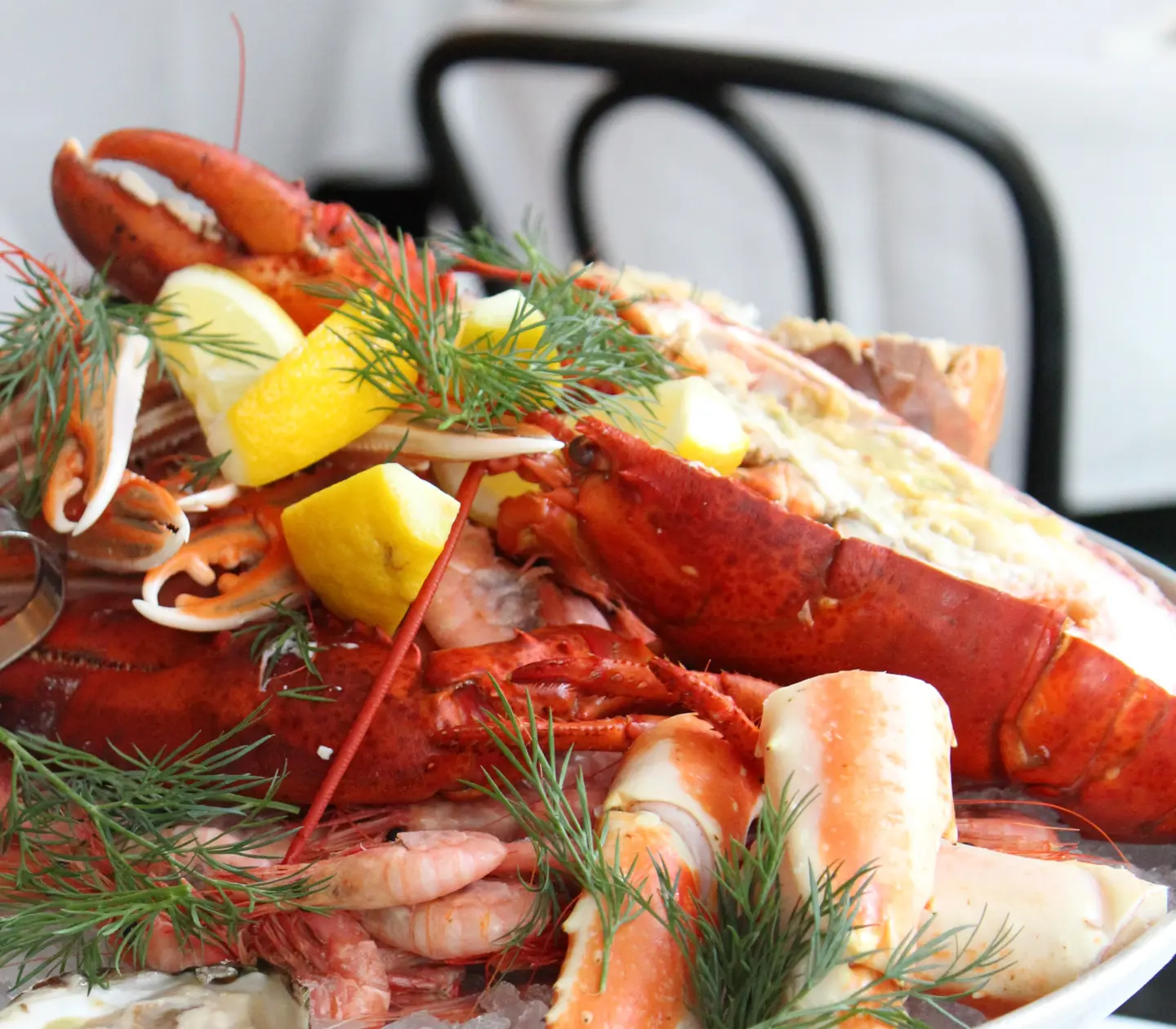 Lyxig skaldjurstallrik med hummer, räkor, ostron och citronskivor, serverad på krossad is och dekorerad med färsk dill