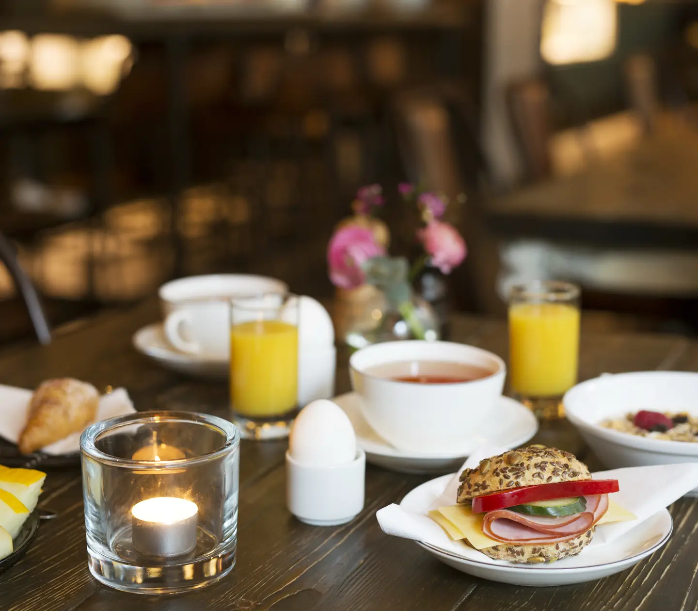 Breakfast with juice, coffee and yoghurt