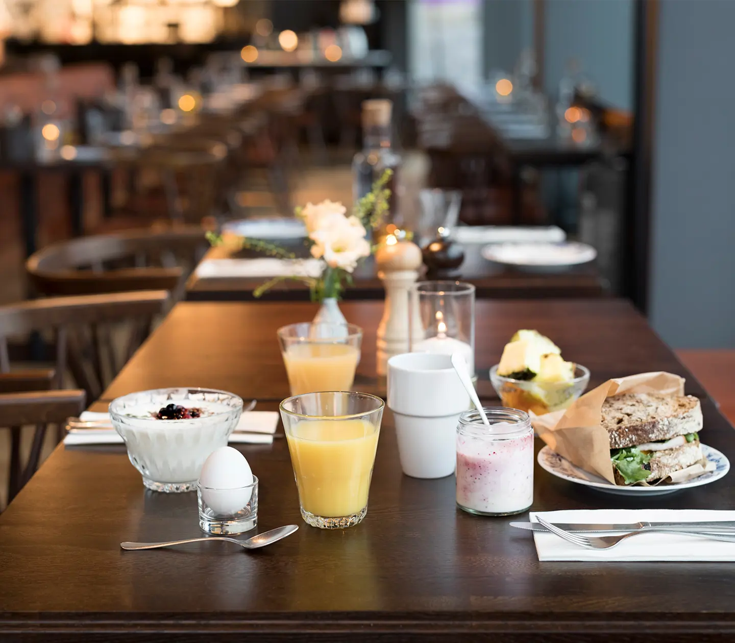 Varied breakfast in a hotel restaurant