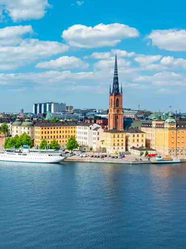 Aerial view of vibrant autumn foliage in a Stockholm cityscape with historic architecture, waterways, and moored boats.